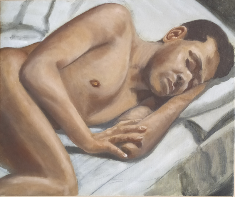 Oil painting of a sleeping male figure, brown flesh tones on a grey and olive-green background of sheets