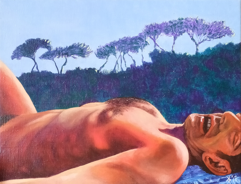 Torso and face of a reddish figure sleeping on a beach towel, with a row of umbrella pines on a twilit ridge behindon a beach