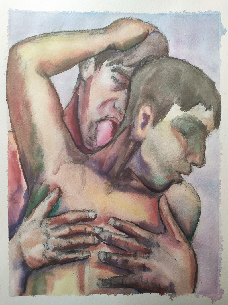 Ink and pencil artwork of two youths showering together and embracing, showing heads and upper bodies
