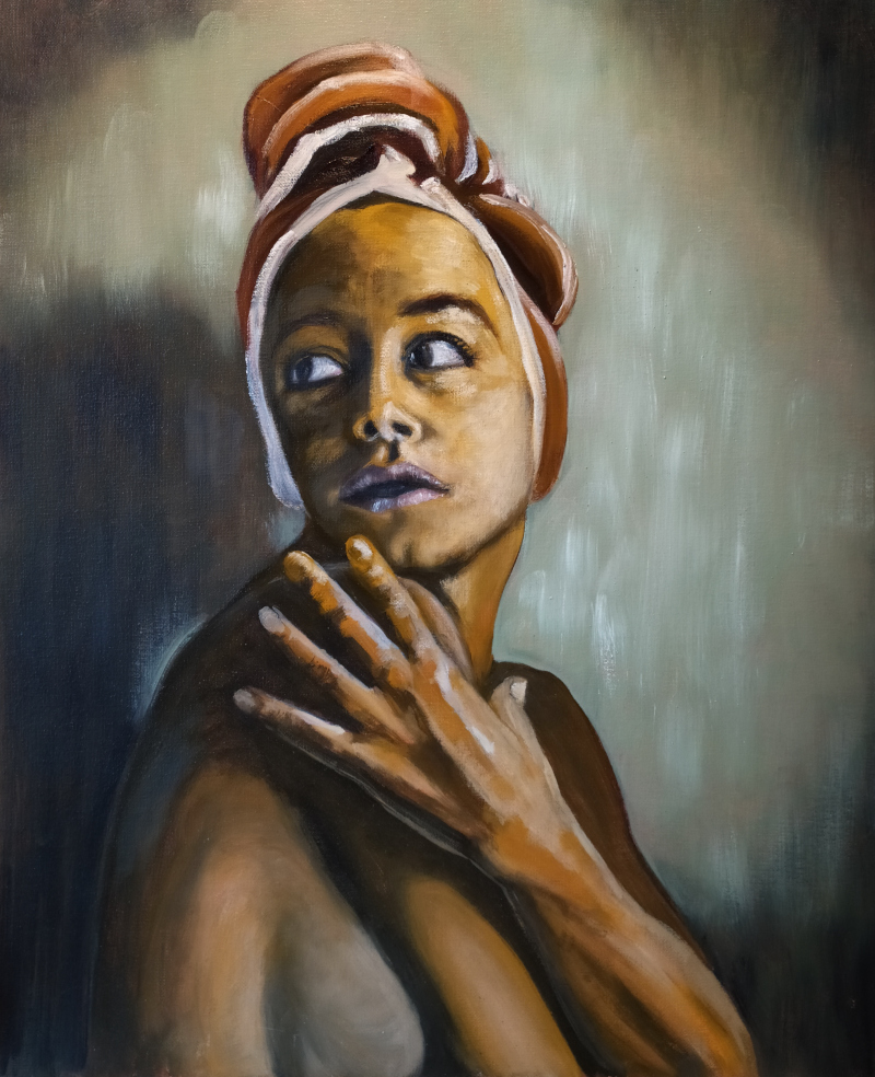Oil painting of a beautiful woman wearing an exotic headscarf looking over her shoulder in apprehension. Hitchcock lighting.