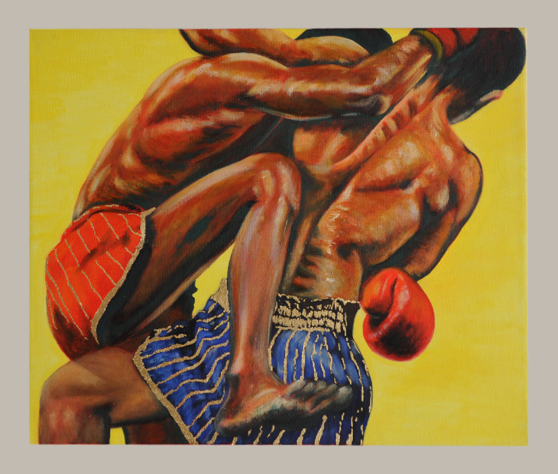 Two boxers' torsos from behind dressed in red (left) and blue (right) boxer shorts, locked in combat, faces not visible. One fighter has his leg drawn up to kick. Gold leaf decoration on both boxer shorts.