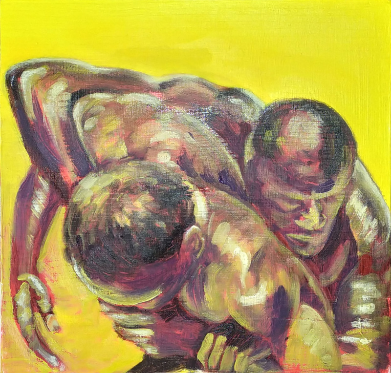 Two figures wrestling one behind the other, only one face, heads, shoulders and arms visible, gripping each other's wrists. Brilliant yellow background.