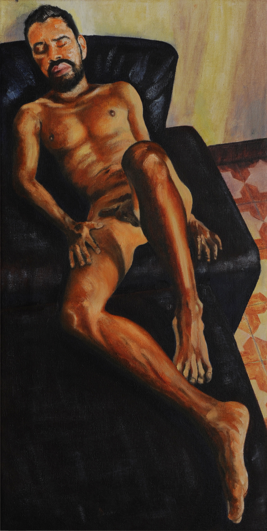 Oil painting of a naked, bearded Latin man, 40s, lying on a leather couch, eyes closed, sunlit from the right.