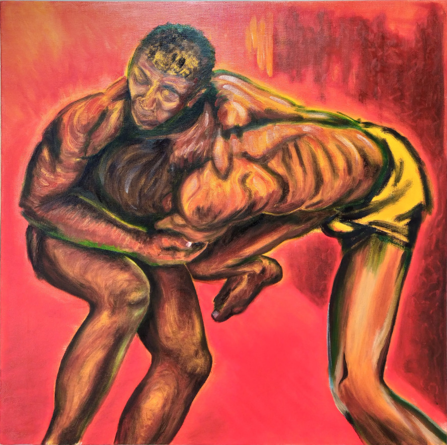 "Clinch (Vermilion)", an oil on canvas painting of two Laamb wrestlers locked in combat, on a vermilion ground, 60 x 60 cm, 2022