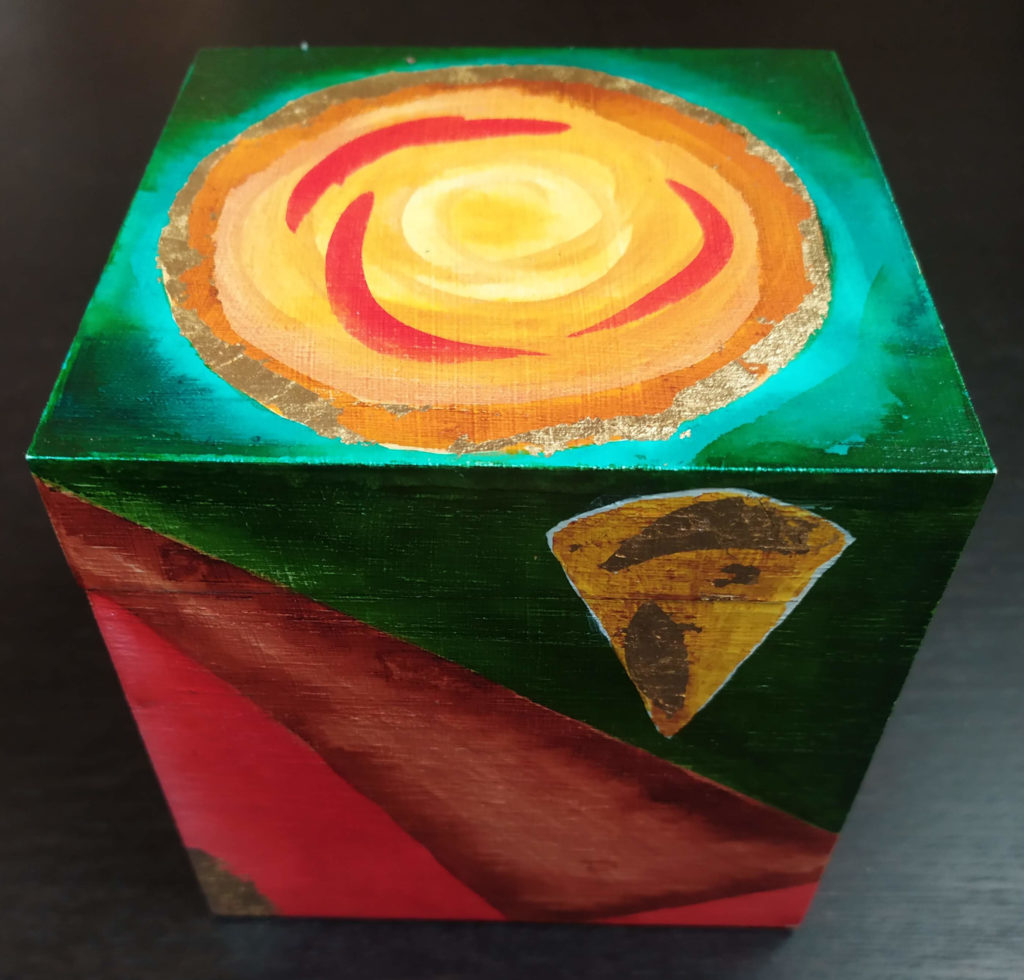 Box 03: wooden box decorated in coloured inks and gold leaf
