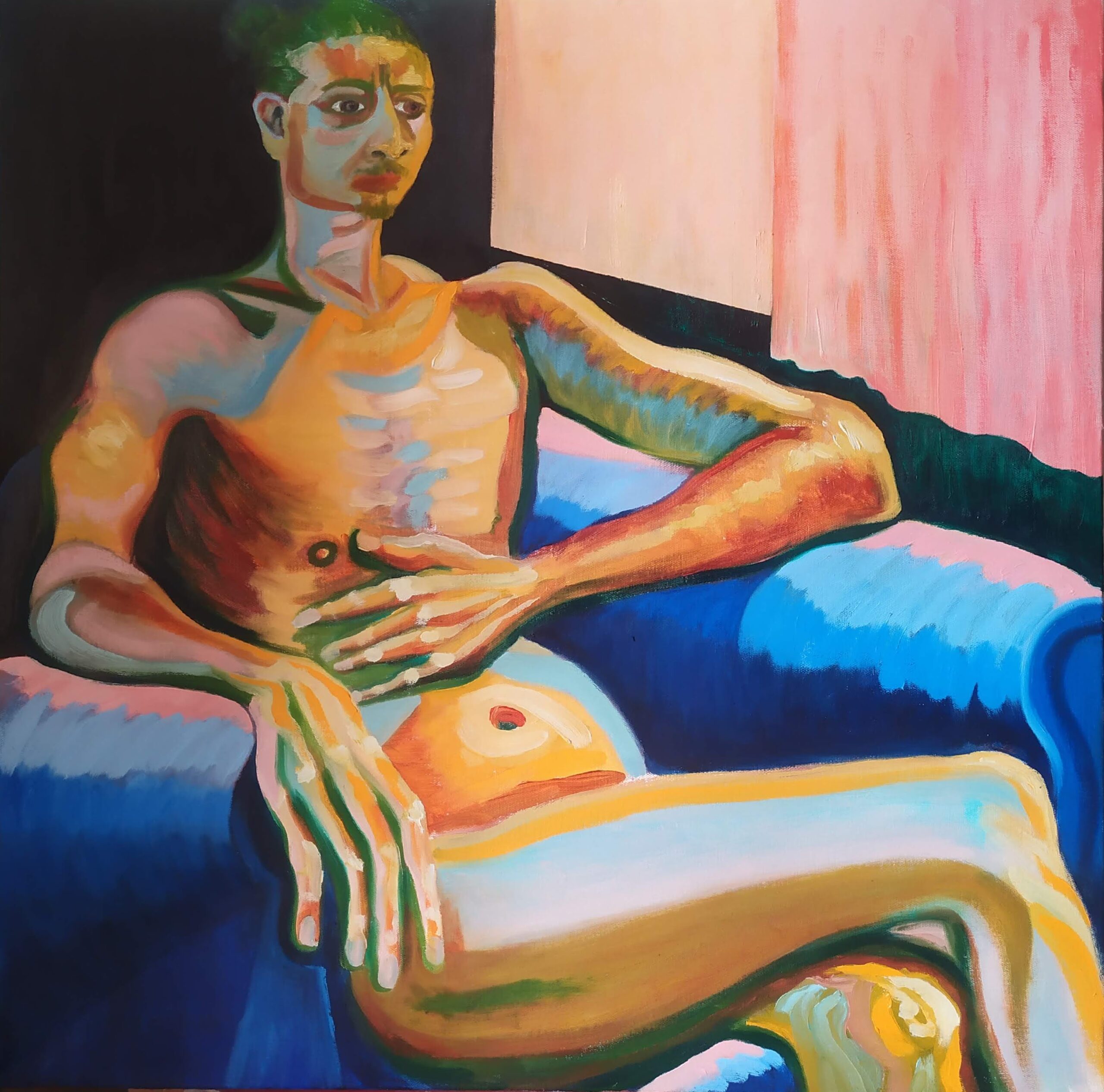 A square oil painting of a naked man seated in an armchair next to a window, painted in an expressionist manner in a palette of oranges, pale and deep blues, greens and pinks