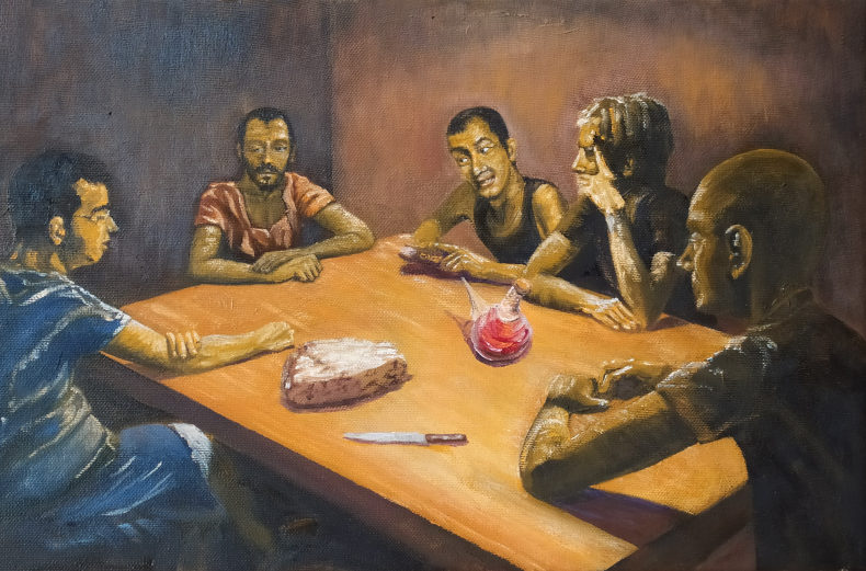 Oil painting of five men seated around a table in discussion, painted in ochre and sepia tones. On the table are a knife, a loaf of bread and wine in a porrón. One character is holding a book.