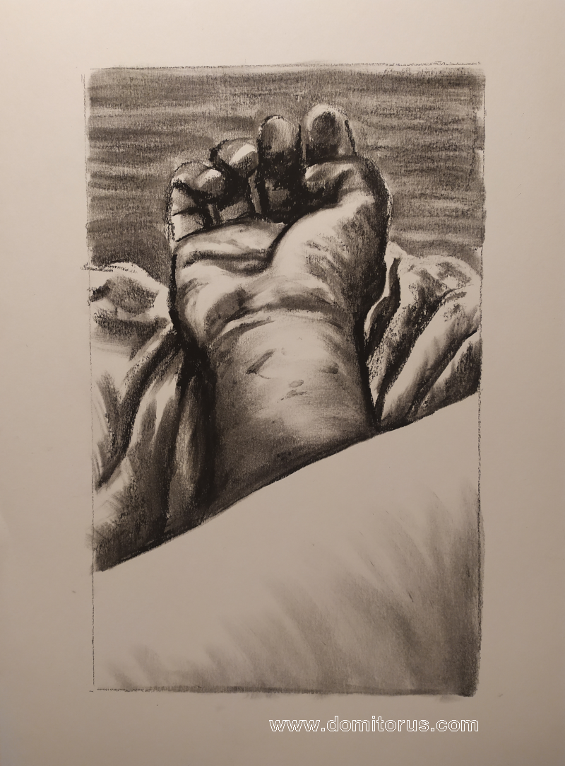 A charcoal-on-paper drawing of a hand resting palm upwards on sheets