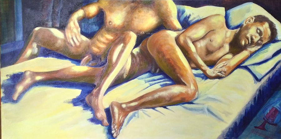 Two naked men in bed, one sleeping, turned towards us with leg drawn up, the other behind him, seen from the neck down, getting into or out of bed. In the dimly lit background, two trousered legs stand in a doorway. In the dimly lit foreground, a tumbler of red wine has been spilt. The figures are harshly lit in yellow electric light with bold indigo shadows. Their bodies are terracotta and earth tones.