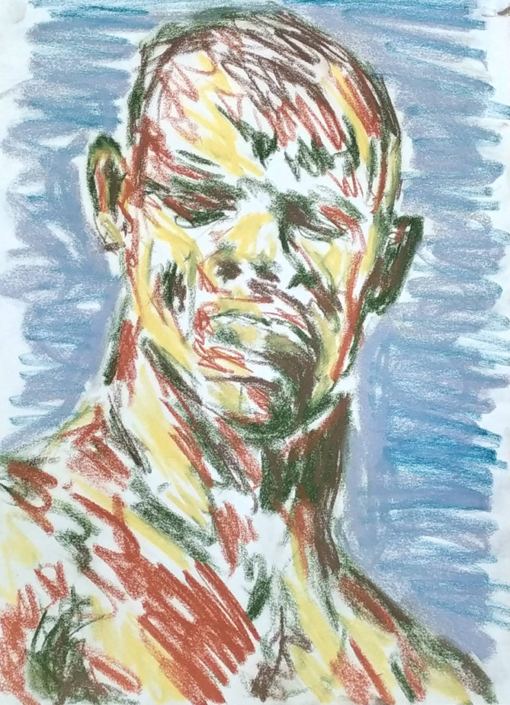 A head facing, upper torso at quarter view. Drawn in sanguine, green, yellow, grey and blue crayon