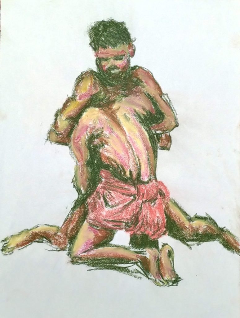 Two figures locked in combat on their knees; one facing us; the other facing away, his head under the other's arm. Drawn in sanguine, green, yellow and pink crayon