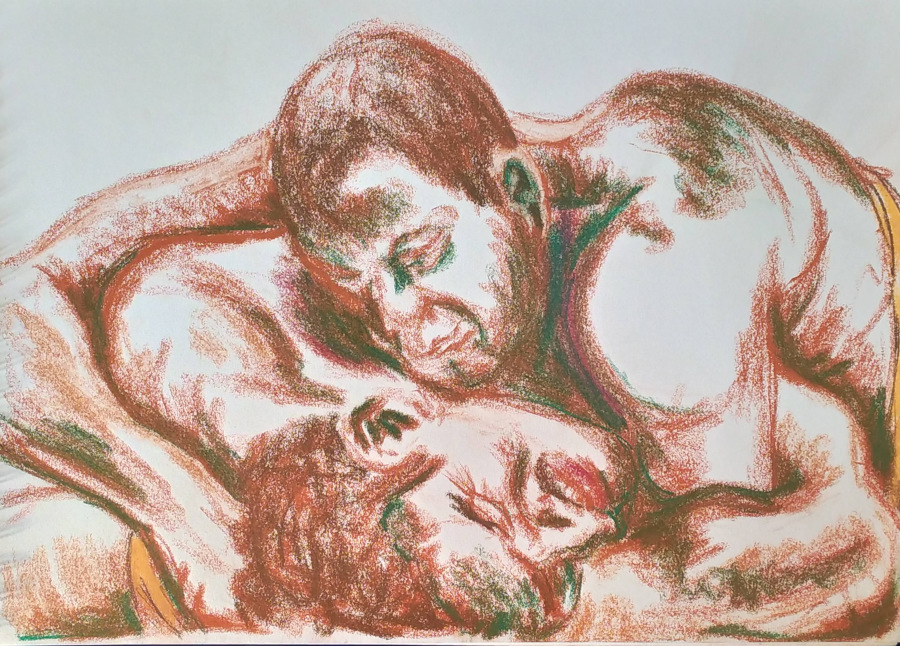 Two figures close up, only faces, shoulders and arms visible, locked in love or combat. Drawn in terracotta and green crayon.
