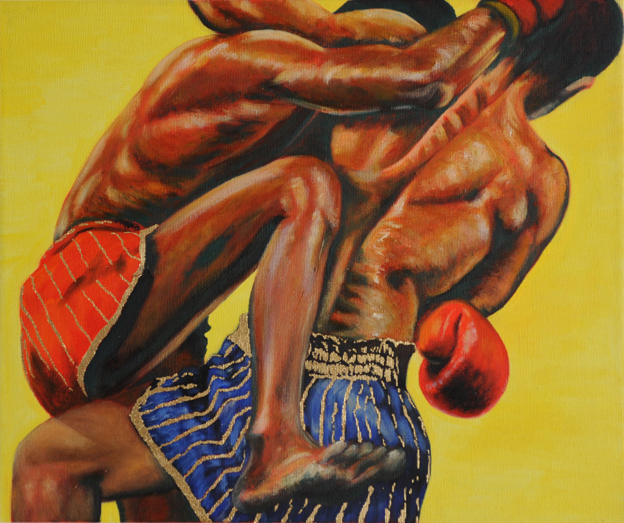 An oil on canvas of two Muay Thai wrestlers locked in combat on a yellow ground, 46 x 38 cm, 2021