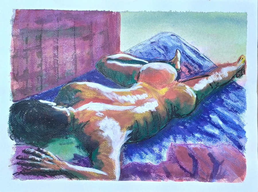 An artwork of a naked male figure face-down on a bed, sleeping. Mixed media on 50% cotton paper, 40 x 30 cm, 2018