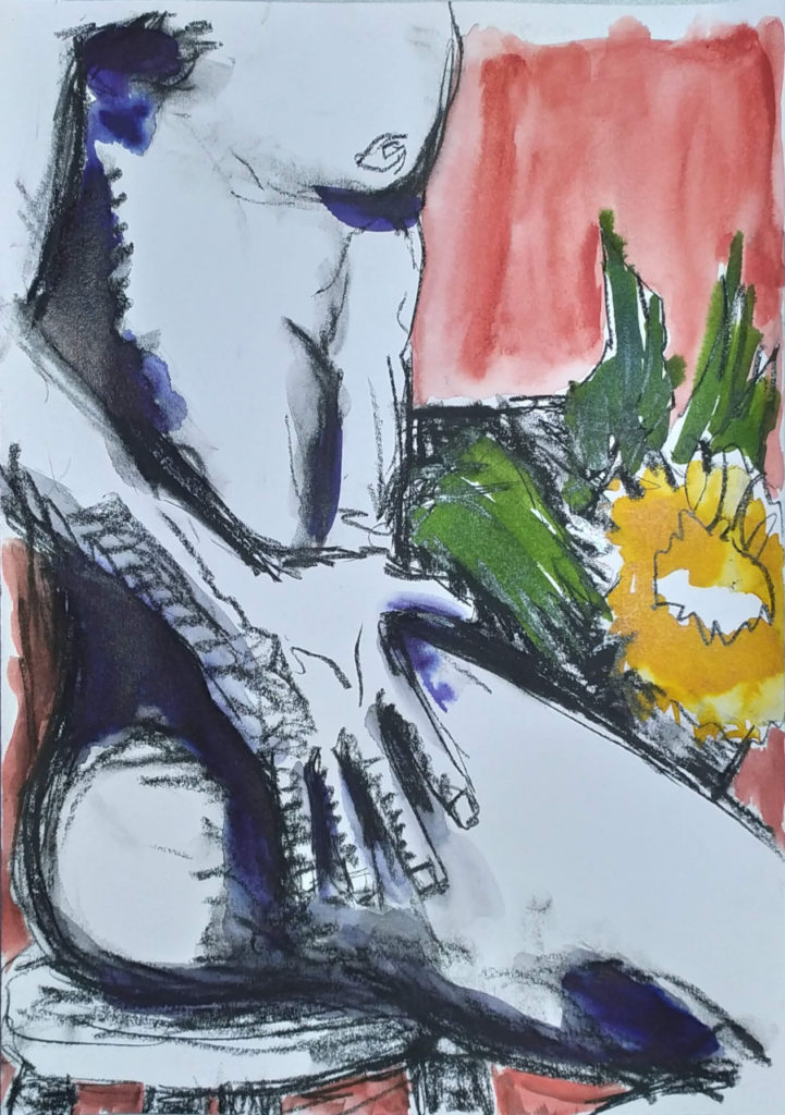 Artwork entitled “Sunflower”, charcoal and inks on paper, 30 x 40 cm, 2022