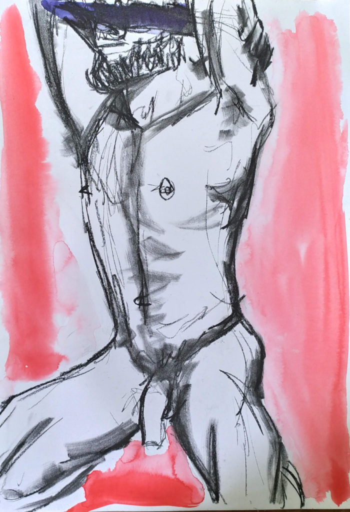 Artwork entitled “Torso (Red Ground)”, charcoal and ink on paper, 30 x 40 cm, 2022